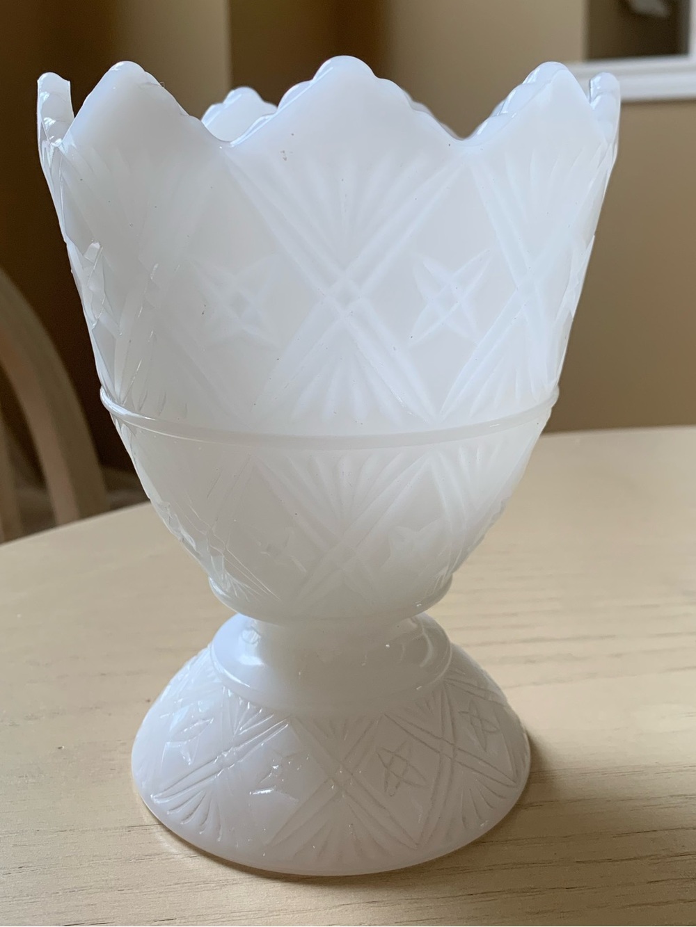 Vintage milk glass pedestal vase by E.O. Brody Co.